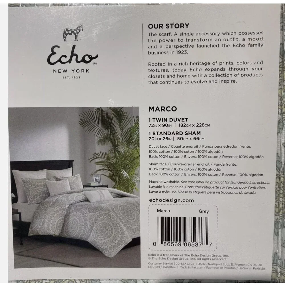 ECHO NEW YORK Marco Grey 100% Cotton Reversible TWIN Duvet Mini Set 2pc